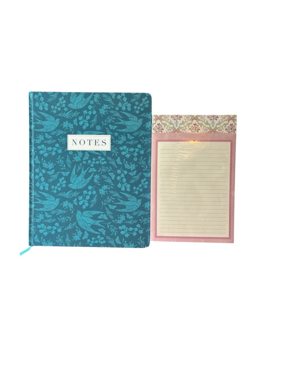 Blue 'Notes' Journal with Floral Swallow Design & Pink Notepad Set Bundle